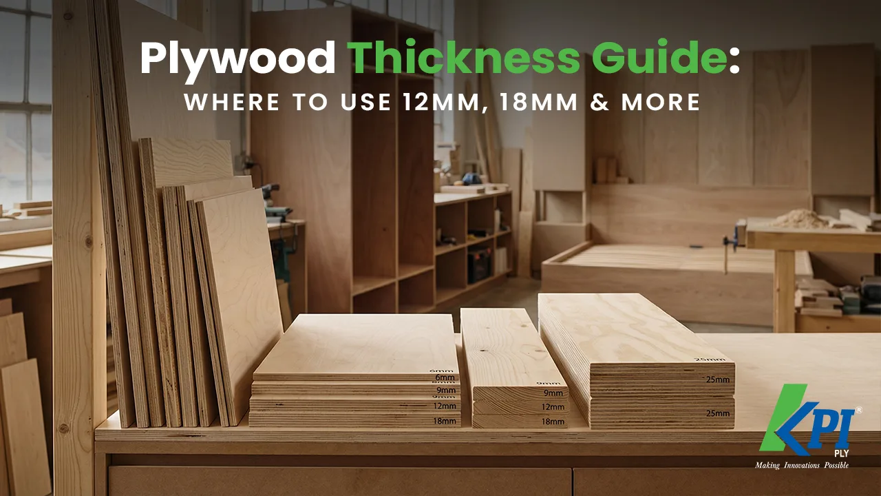Plywood Thickness Guide showing 6mm, 12mm, 18mm, and 25mm sheets in a workshop