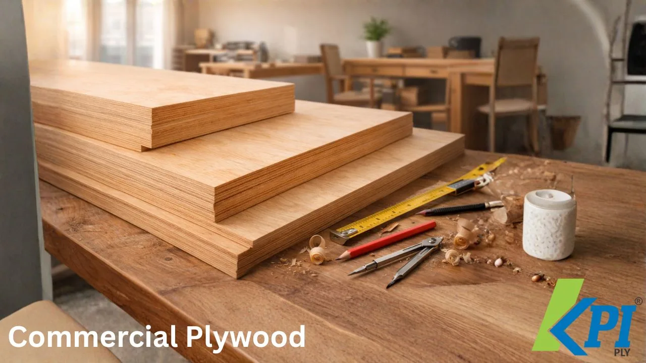 Commercial plywood sheets stacked on wooden table for furniture making