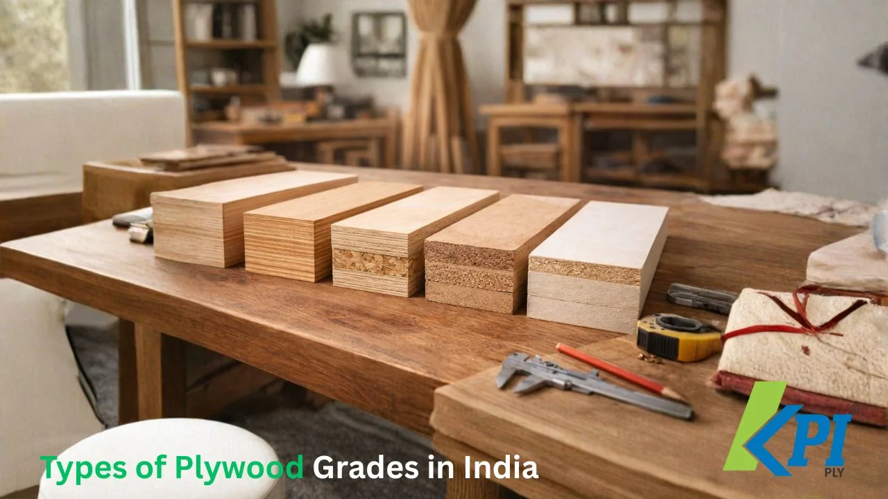Types of plywood grades in India displayed on wooden table