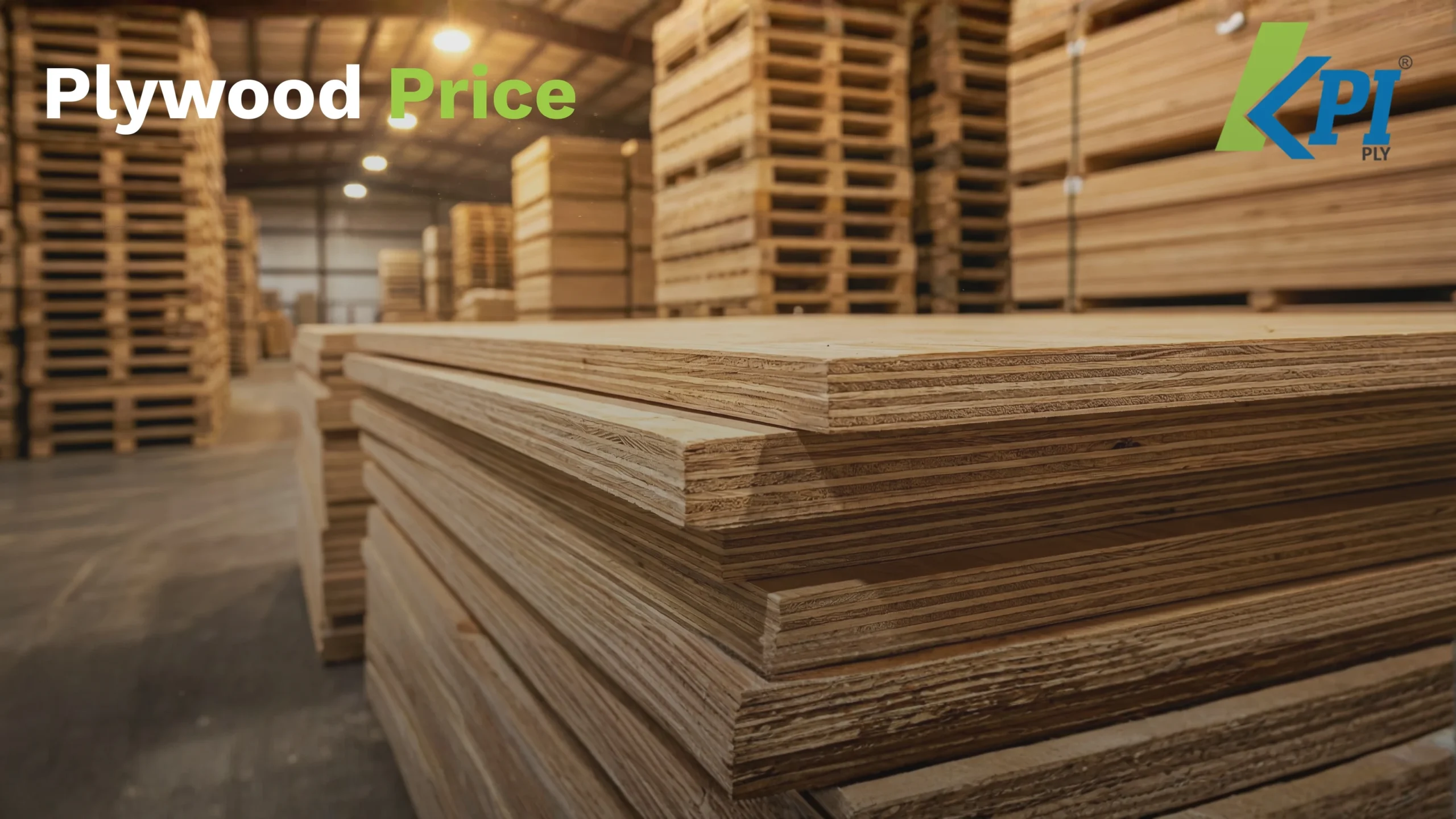 Plywood price stacks in warehouse showing layered wood sheets for construction use.